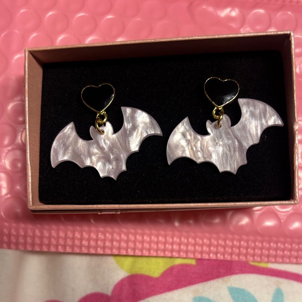 Pink Bat Earrings with Heart Accents